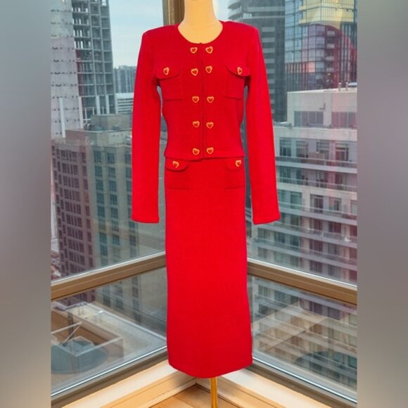 🆕 SELF-PORTRAIT 🧿 NWOT Red Knit Heart Buttoned Cardigan + Midi Skirt Set Sz M - Picture 8 of 15